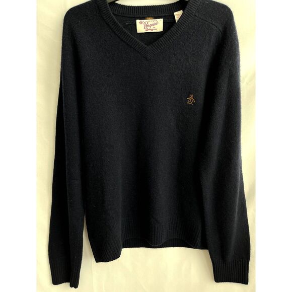 Penguin by Munsingwear 100% Lambswool Sweater Navy Blue Size L Essential V Neck - Picture 1 of 10